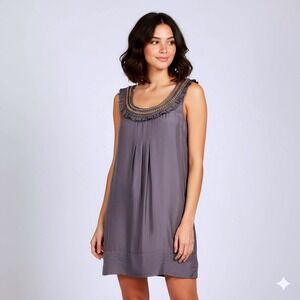 Yoana Baraschi Silk Dress Small Gray Gold Chain Ruffle Neck Sleeveless Mini